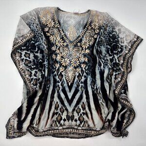 Sevya Tunic Top Animal Print Embroidered Boho One Size Flowy Kimono Gypsy NEW